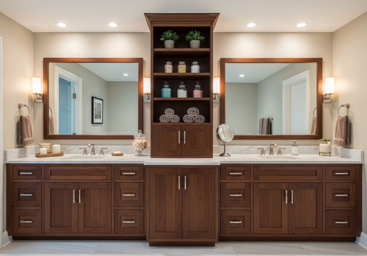 Two separated vanity cabinets with tall center storage tower between them