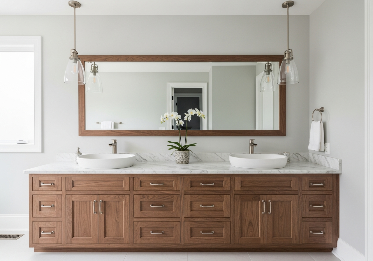 Side-by-side 72-inch double vanity with undermount sinks and single slab countertop