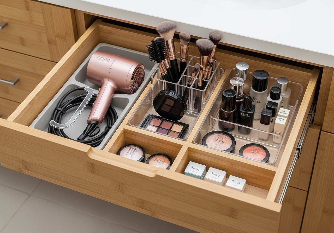 Open vanity drawer showing organized compartments with pull-out dividers