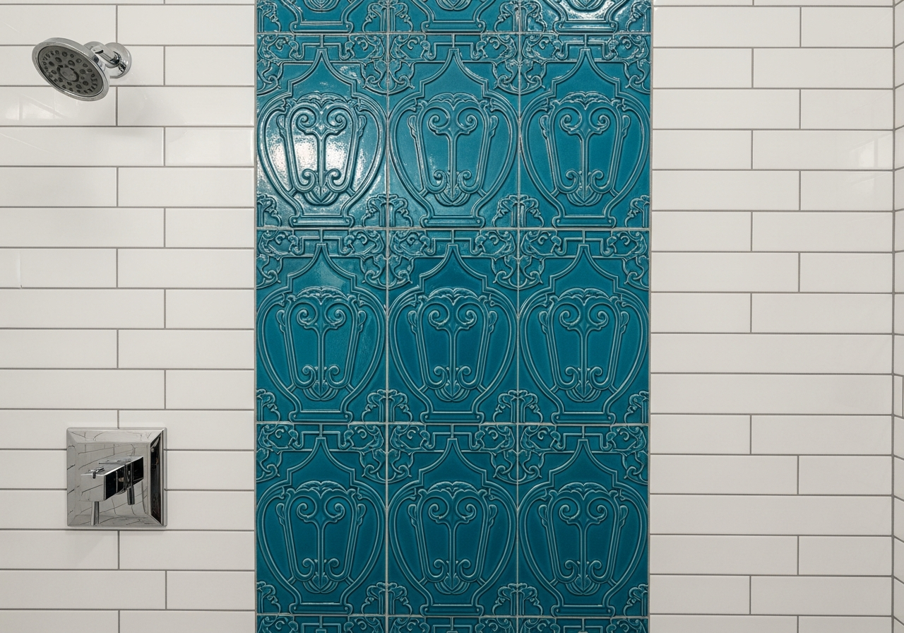 Shower feature wall with decorative arabesque tile framed by simple subway tile sides