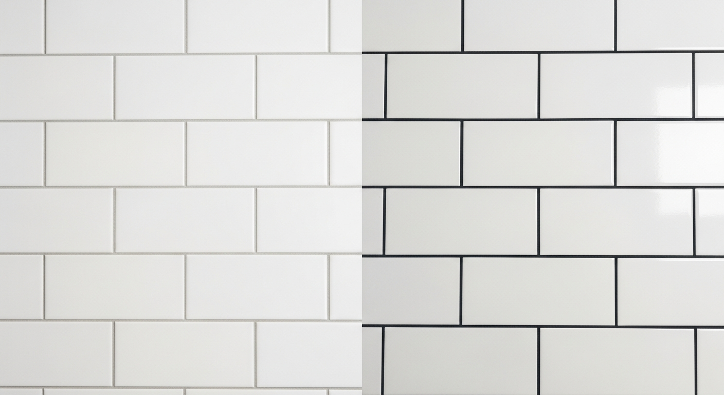 Same subway tile shown with matching white grout versus contrasting dark gray grout