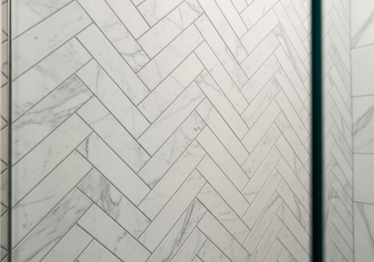 Herringbone tile pattern in white marble creating V-shaped zigzag on shower wall