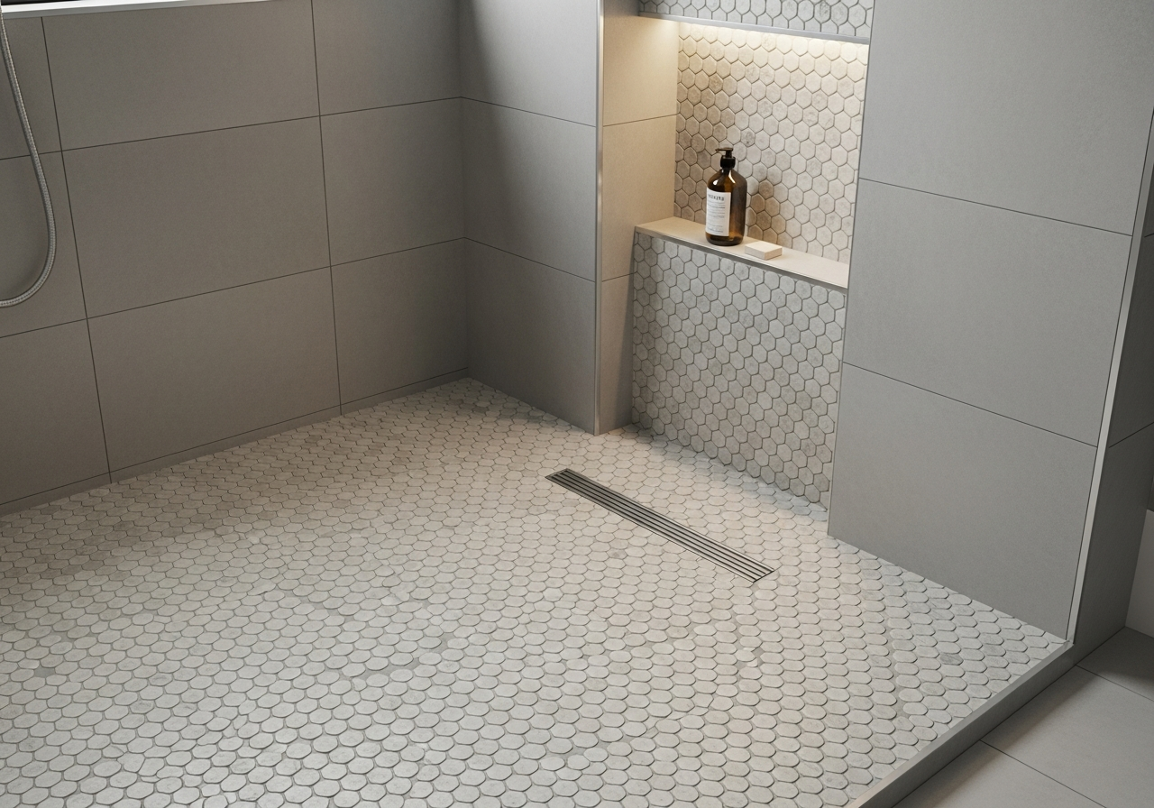 Hexagonal and penny round mosaic tiles on shower floor and niche in neutral tones
