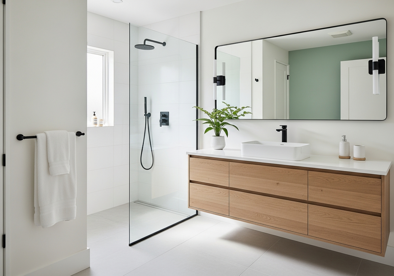 Completed bathroom with installed fixtures, accessories, and final decorative touches
