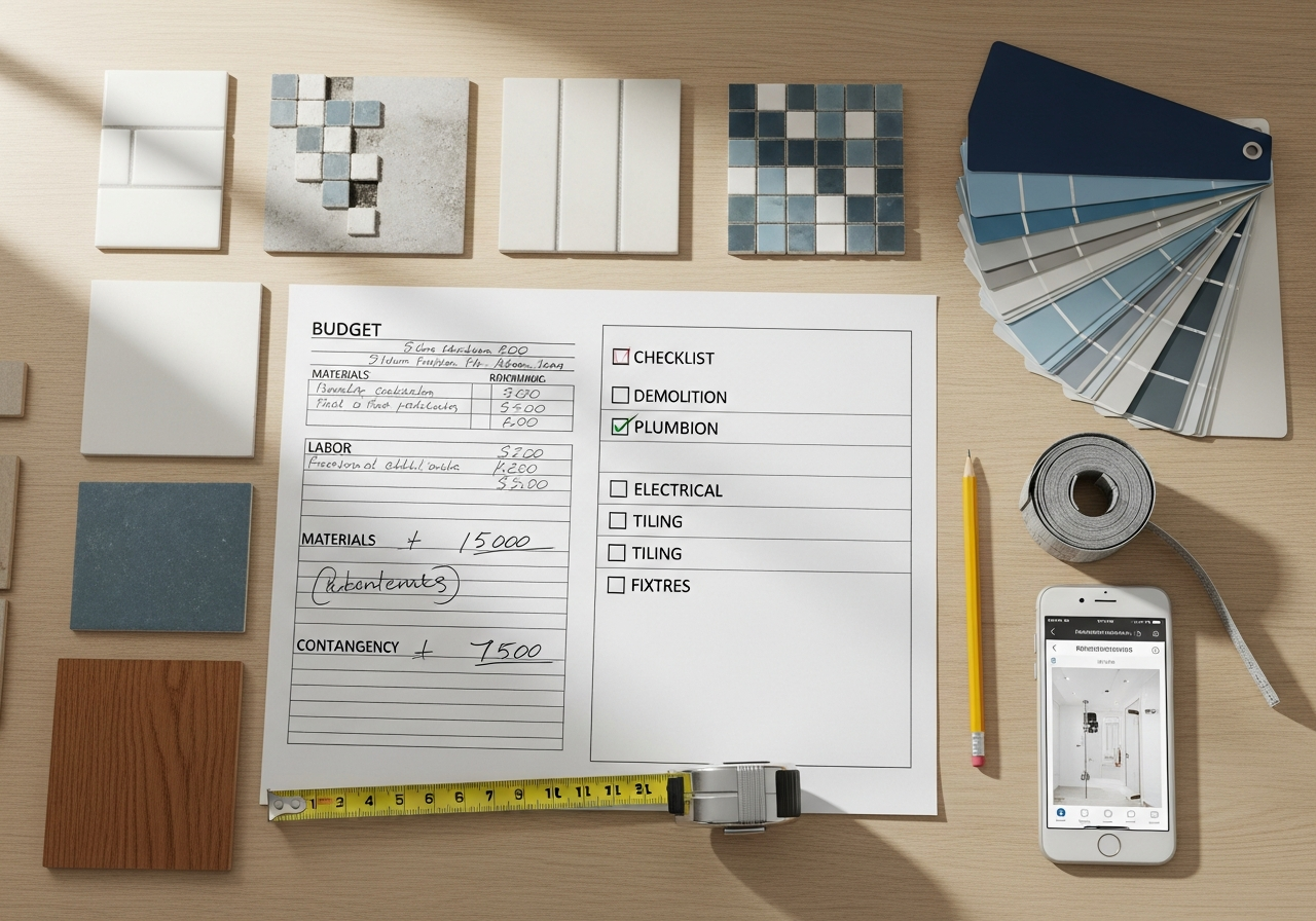 Bathroom remodel planning checklist with budget worksheet and material samples