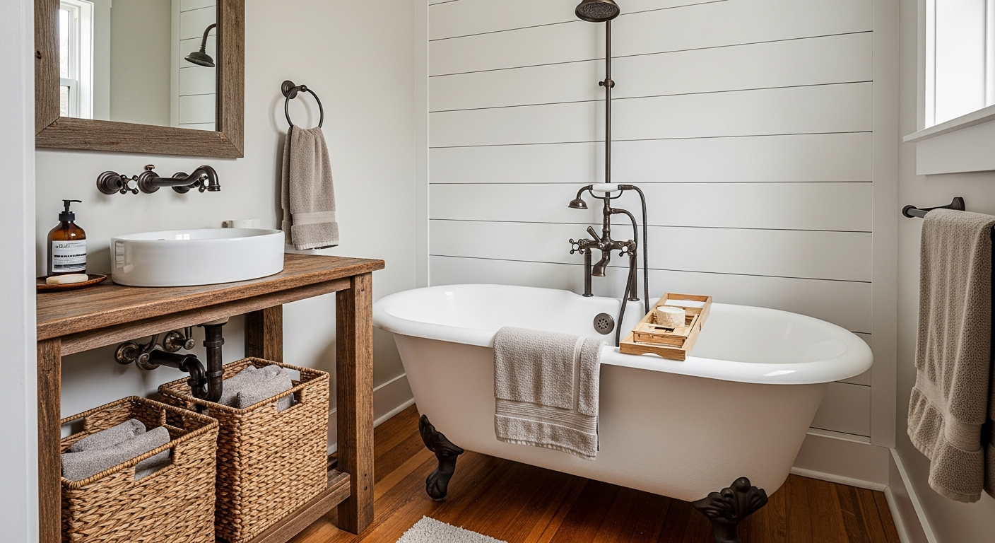 Charming farmhouse bathroom with shiplap walls, clawfoot tub, and vintage brass fixtures
