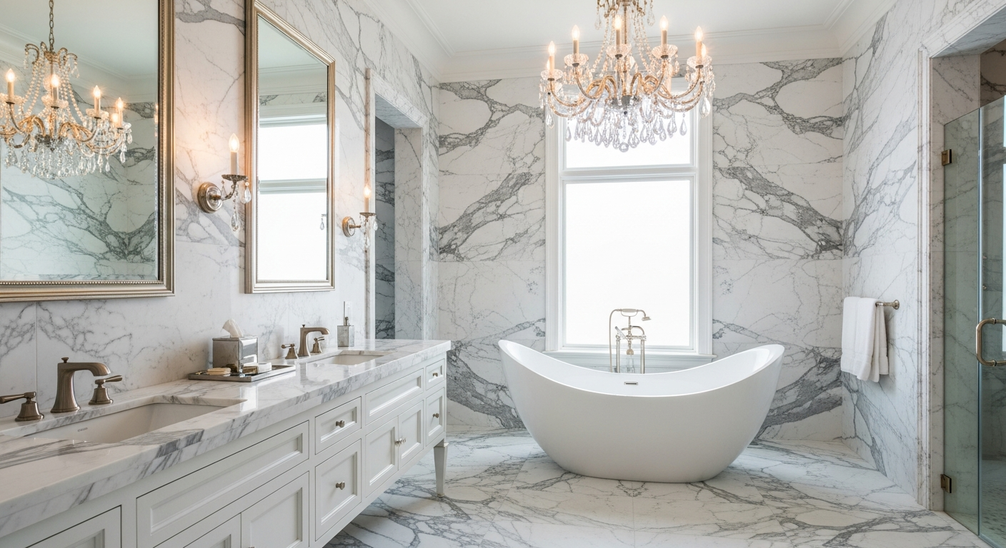 Luxurious spa-inspired bathroom with natural stone, freestanding tub, and rain shower system