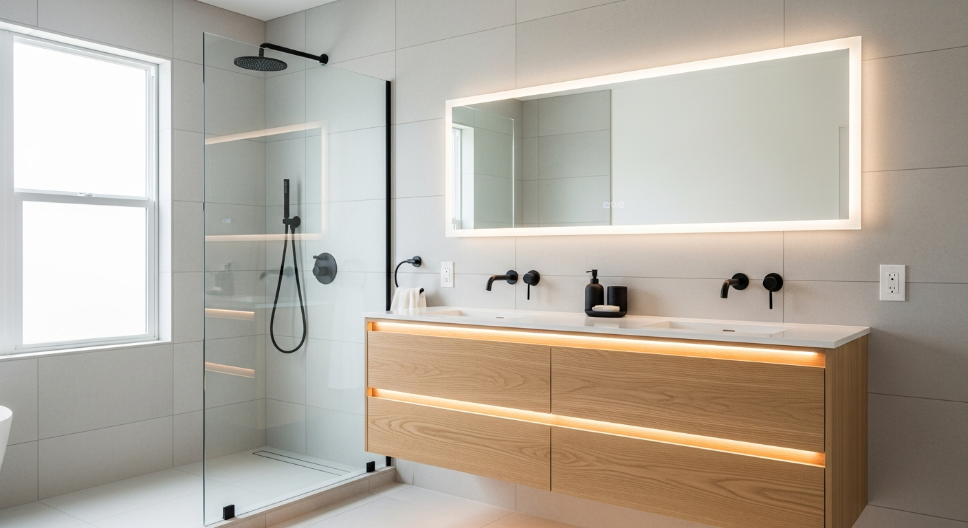 Modern minimalist bathroom with floating vanity, frameless glass shower, and matte black fixtures