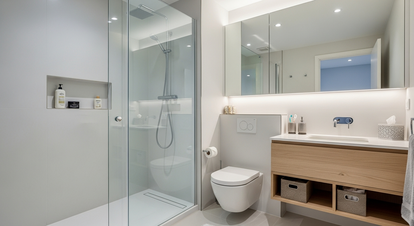 Cleverly designed small bathroom maximizing space with wall-mounted fixtures and light colors
