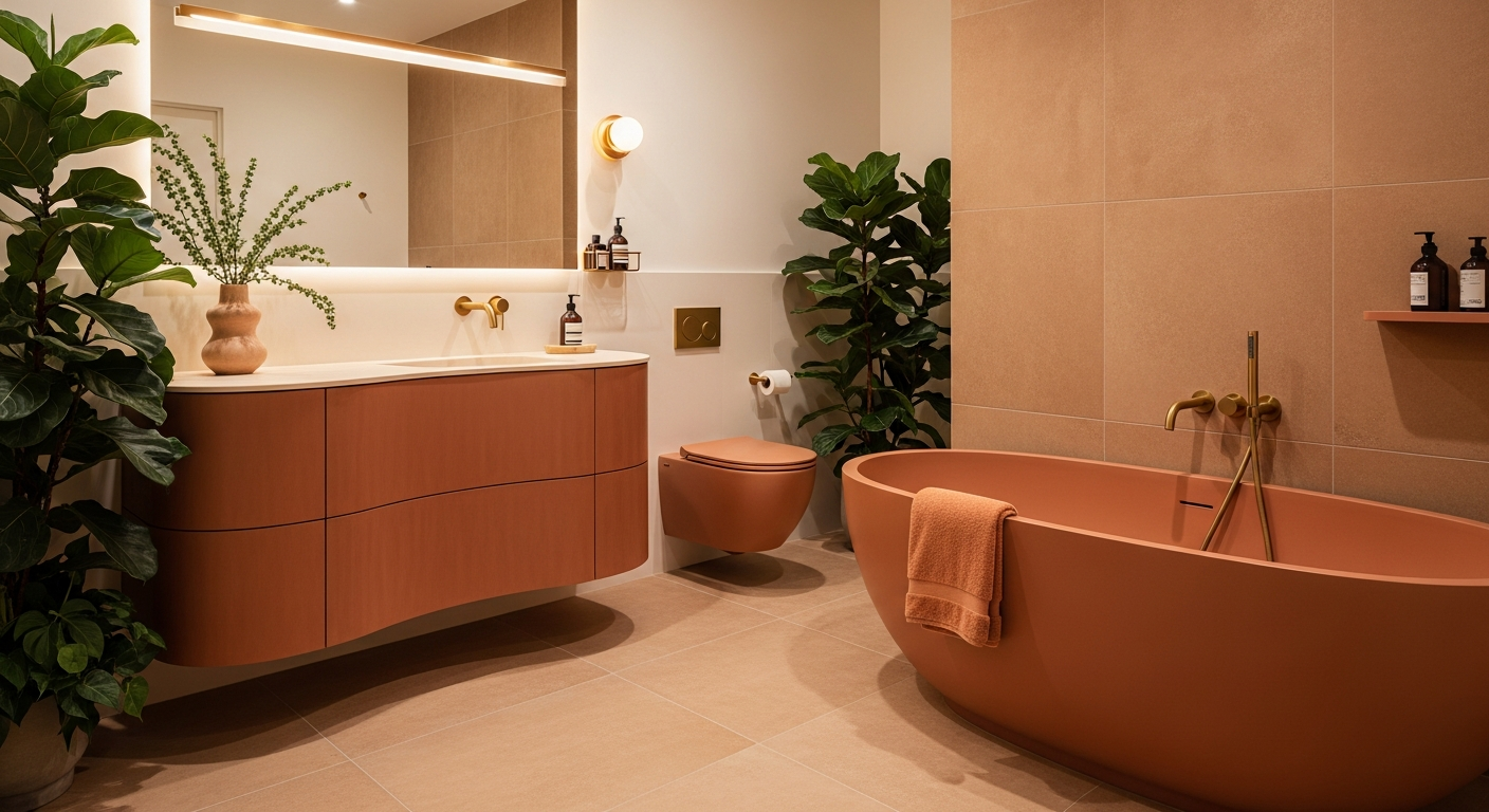 2026 trending bathroom design with warm earthy tones, curved mirror, and organic shapes