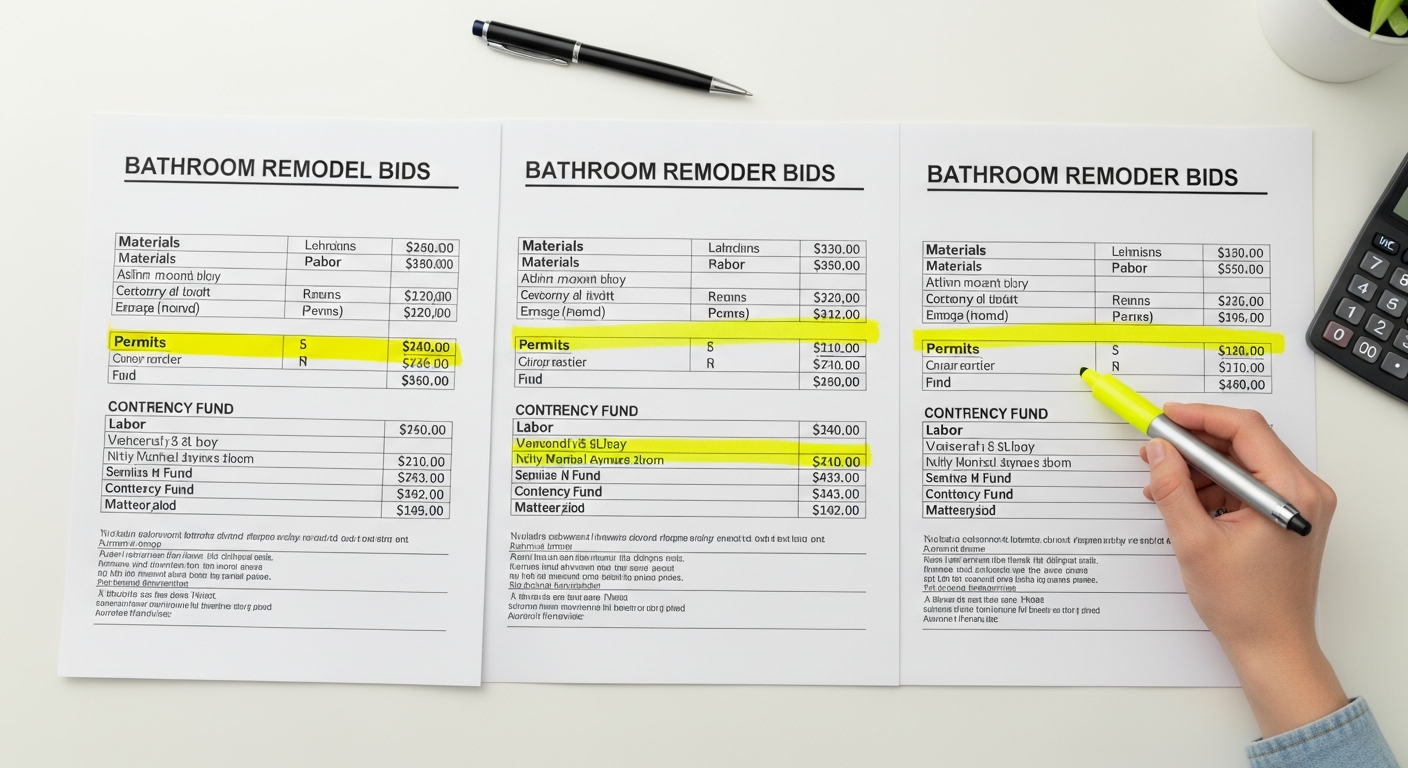 Side-by-side comparison table of three bathroom remodel contractor bids showing itemized costs for labor, materials, and project management