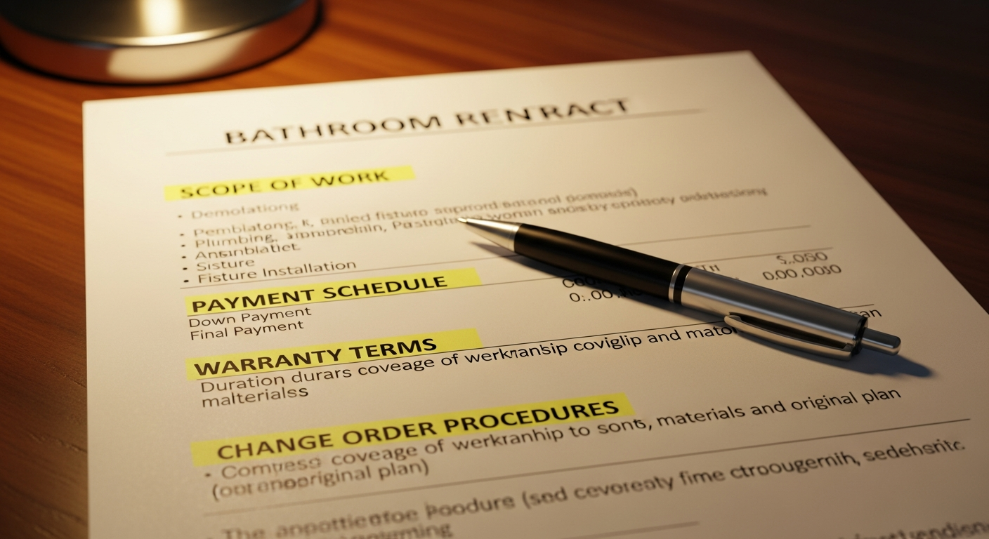 Homeowner reviewing a detailed bathroom remodel contract with scope of work, payment schedule, and warranty terms