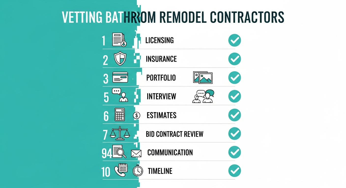 Contractor vetting checklist showing licensing, insurance, references, and portfolio review steps for bathroom remodel contractors