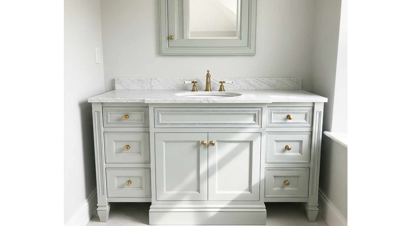 Custom furniture-style bathroom vanity with inset cabinetry, hand-applied lacquer finish, and integrated LED under-cabinet lighting