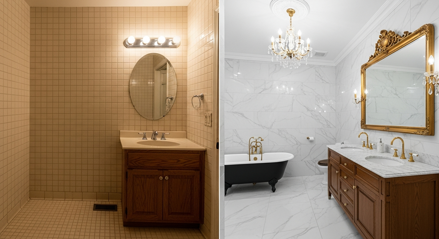 Luxury bathroom before and after transformation showing dramatic upgrade from dated space to elegant marble and brass sanctuary
