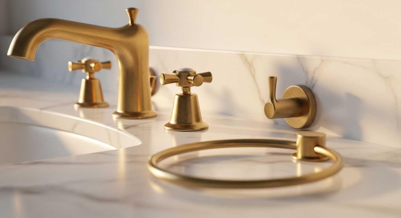 Premium bathroom fixtures featuring unlacquered brass faucet and brushed gold hardware with hand-finished detailing