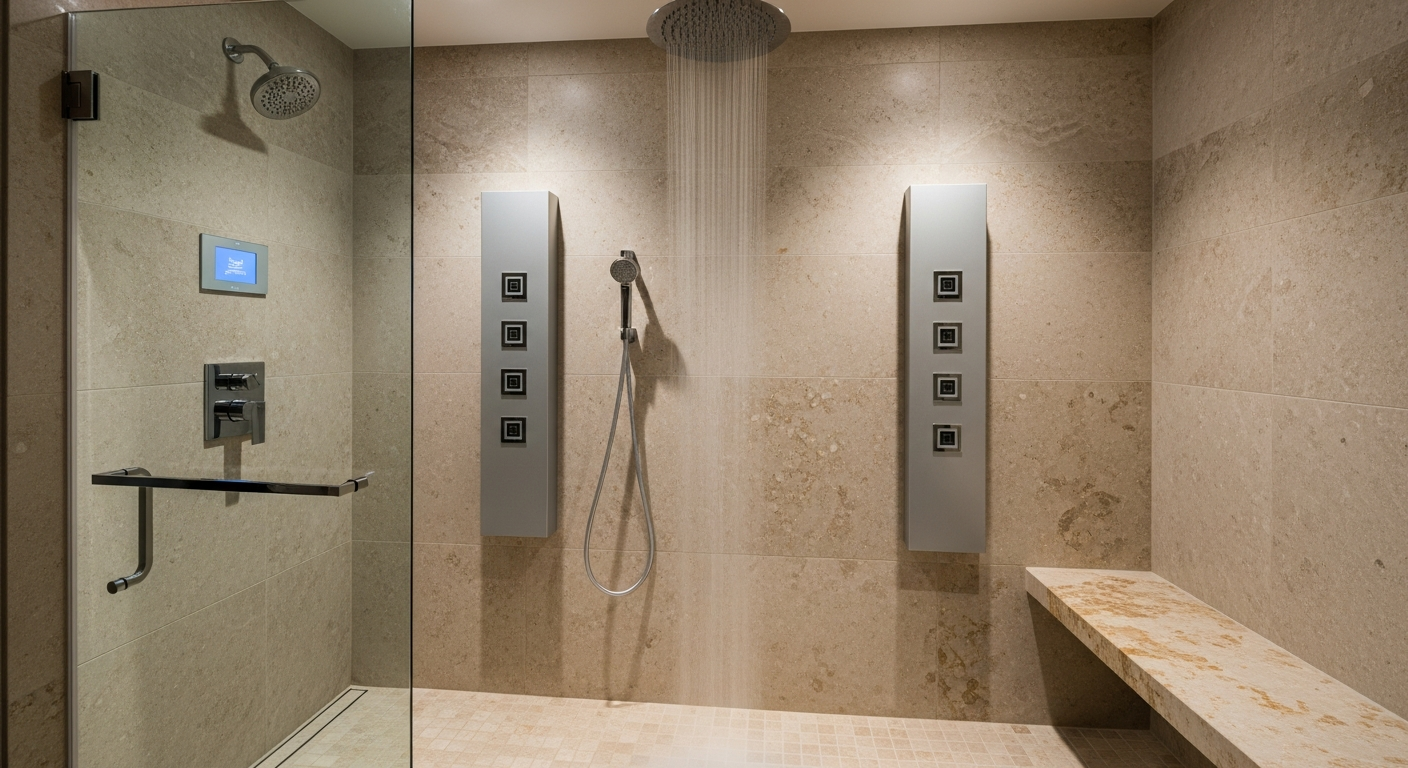 Multi-head luxury shower system with ceiling-mounted rain head, body jets, handheld wand, and digital thermostatic control panel