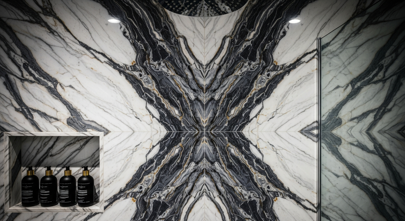 Book-matched Calacatta marble slabs installed on luxury bathroom walls with dramatic veining creating a mirror-image pattern