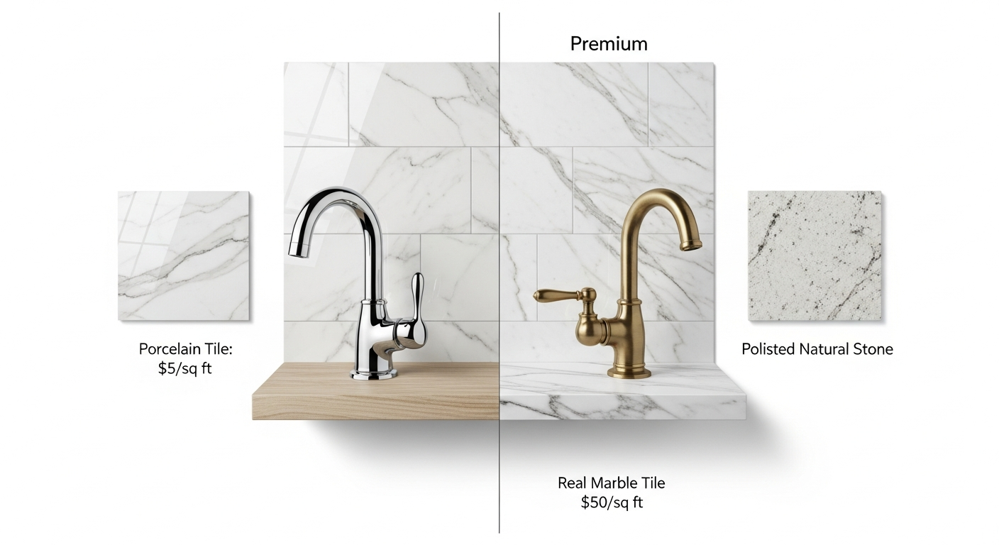 Side-by-side comparison of affordable material alternatives including porcelain marble-look tile, luxury vinyl plank, and engineered quartz countertops