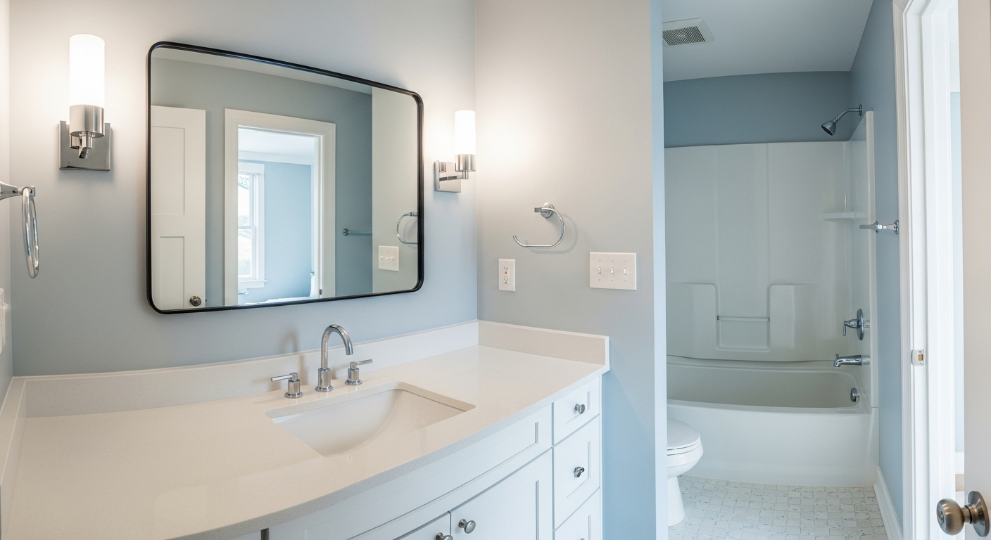 Completed budget bathroom transformation achieved for under $3,000 featuring new paint, hardware, mirror, light fixture, and LVP flooring