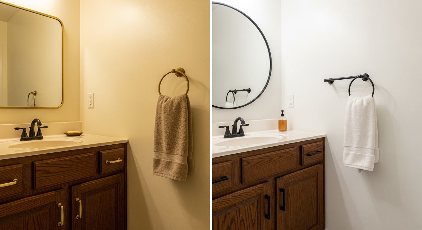 Before and after bathroom transformation showing the dramatic impact of fresh paint in warm white and new matte black hardware on an updated vanity