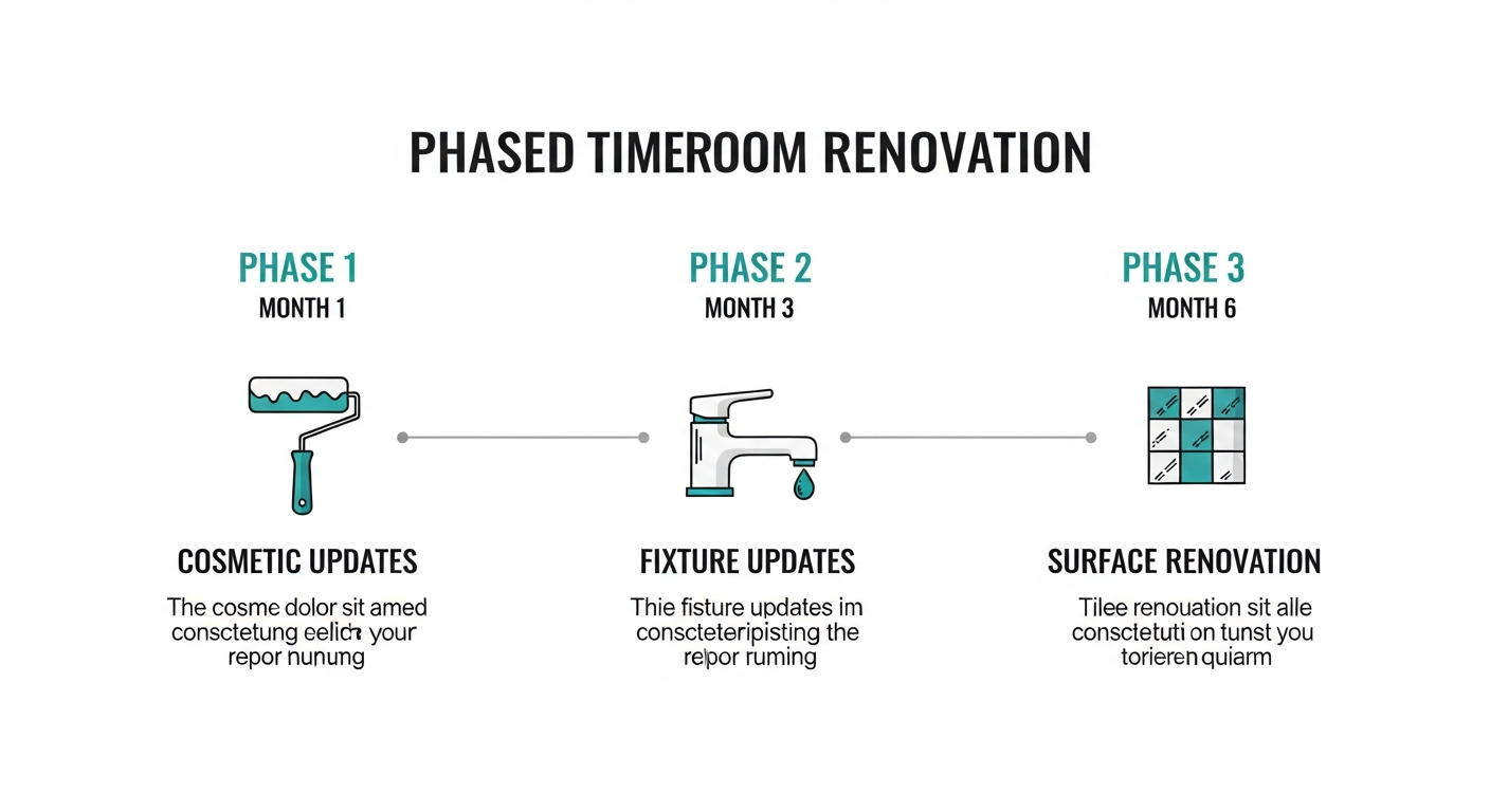 Visual timeline showing a phased bathroom renovation approach broken into four manageable stages spread across twelve months