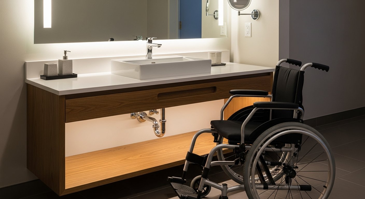 Roll-under vanity with proper knee clearance dimensions, insulated pipes, lever faucet handles, and tilted mirror for wheelchair accessibility