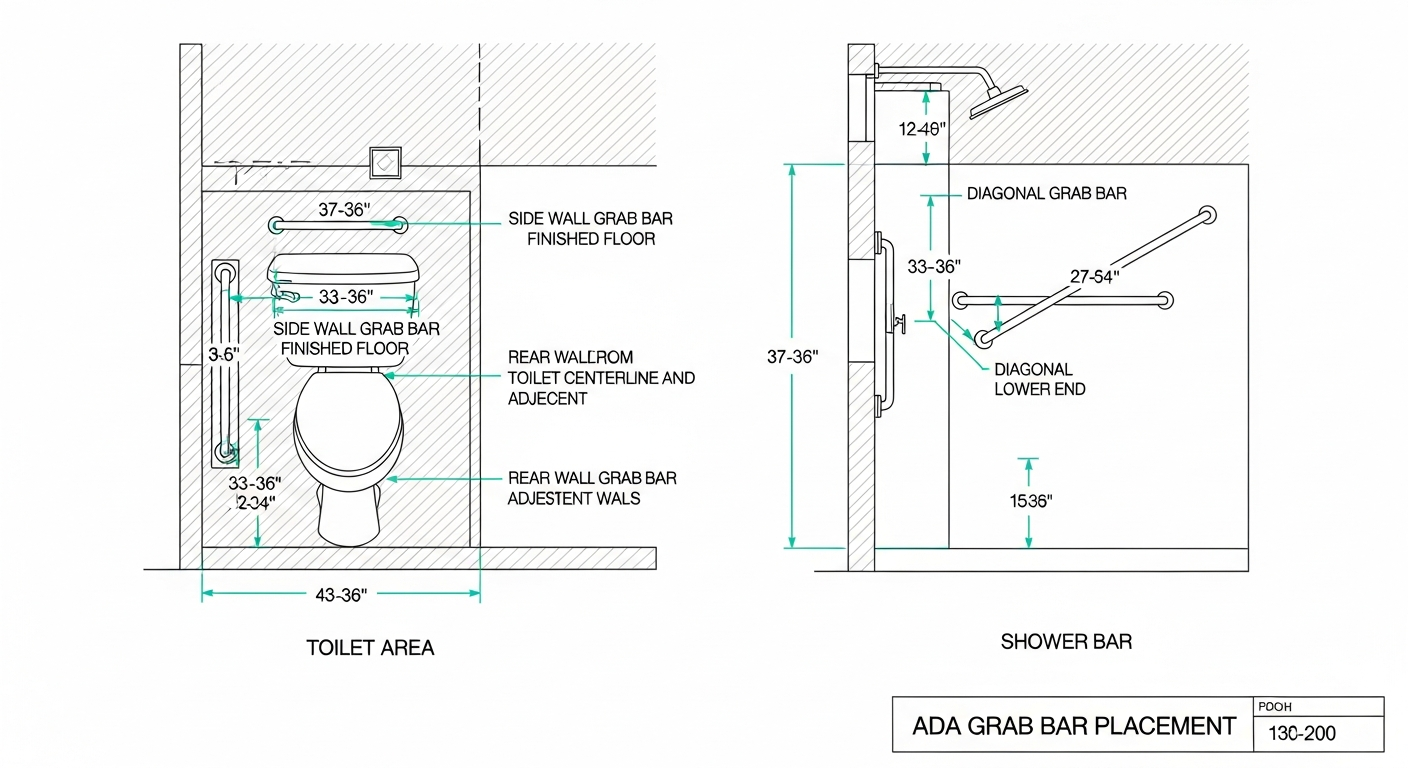 Detailed diagram showing correct grab bar placement heights and locations around toilet, shower, and bathtub areas