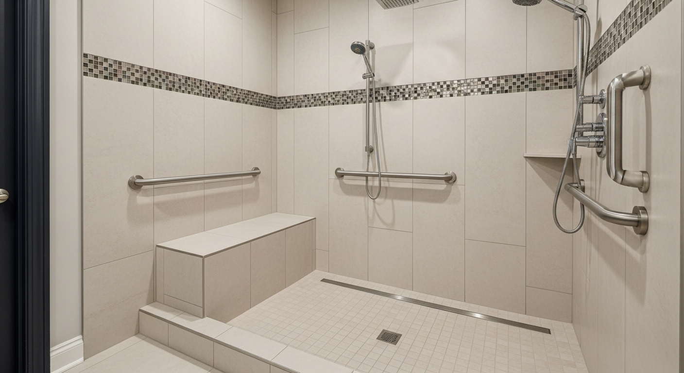 Curbless roll-in shower with linear drain, fold-down bench seat, and decorative grab bars in a modern bathroom design