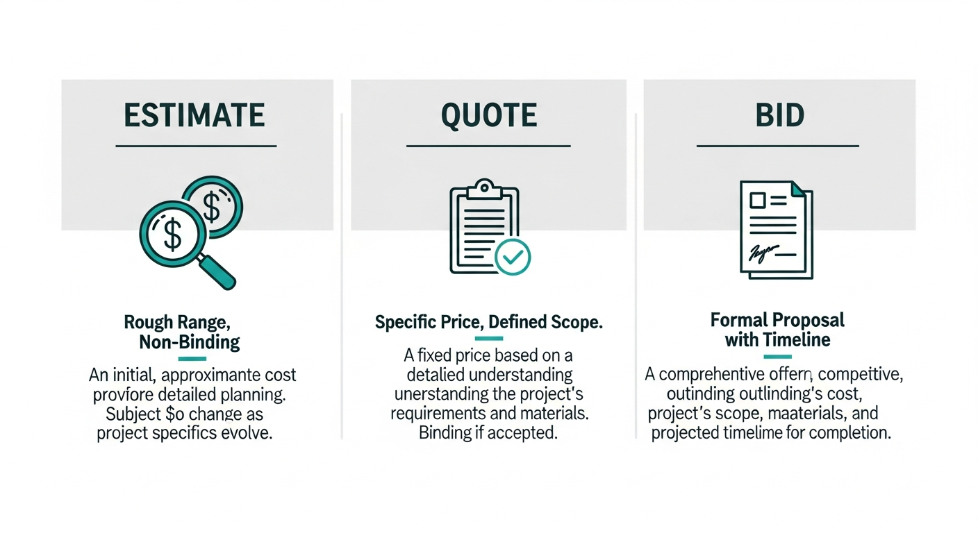 Side-by-side comparison chart showing the differences between estimates, quotes, and bids for bathroom remodel projects