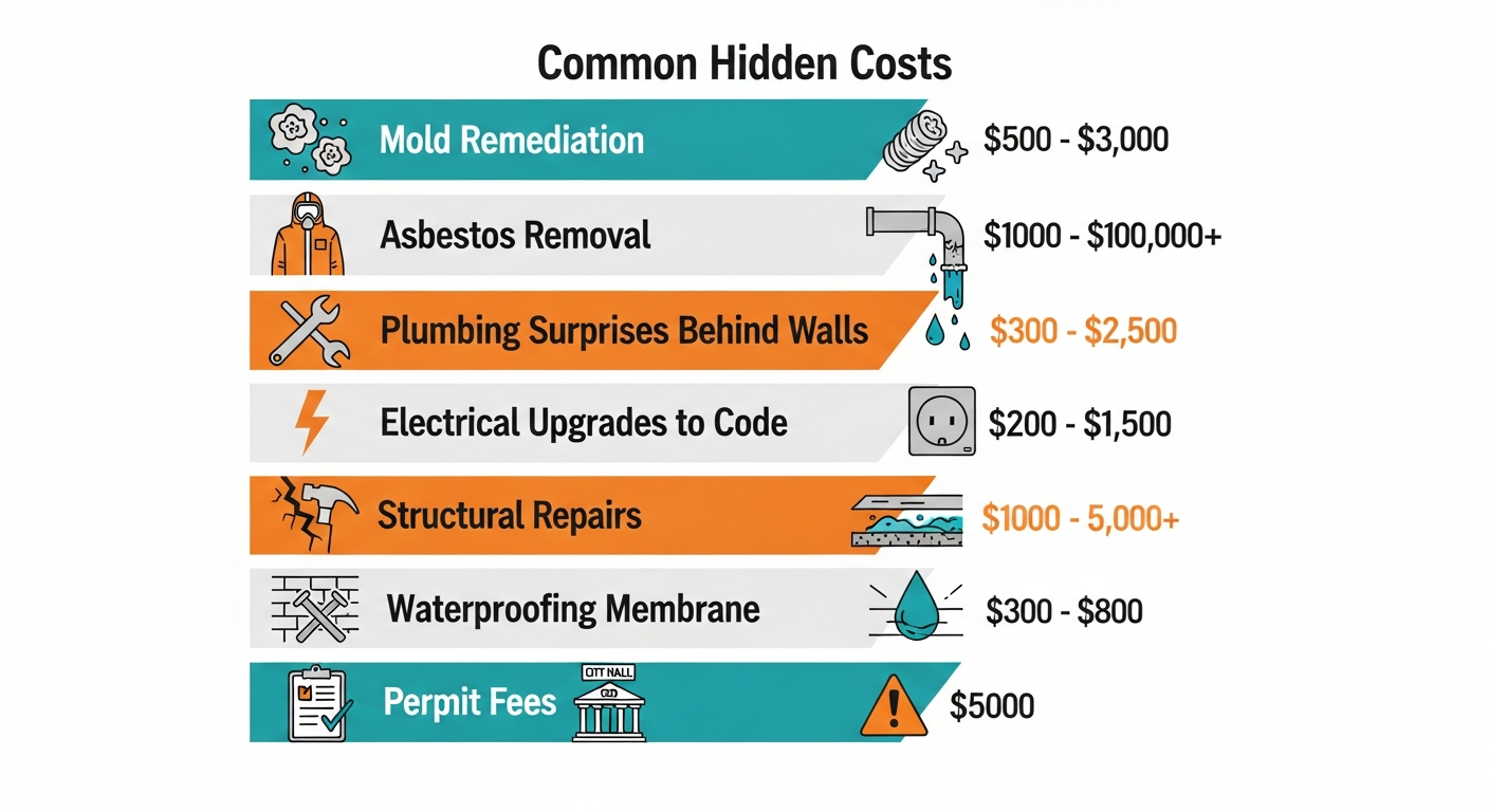 Infographic showing common hidden costs in bathroom remodels including mold, plumbing issues, and structural repairs with typical cost ranges