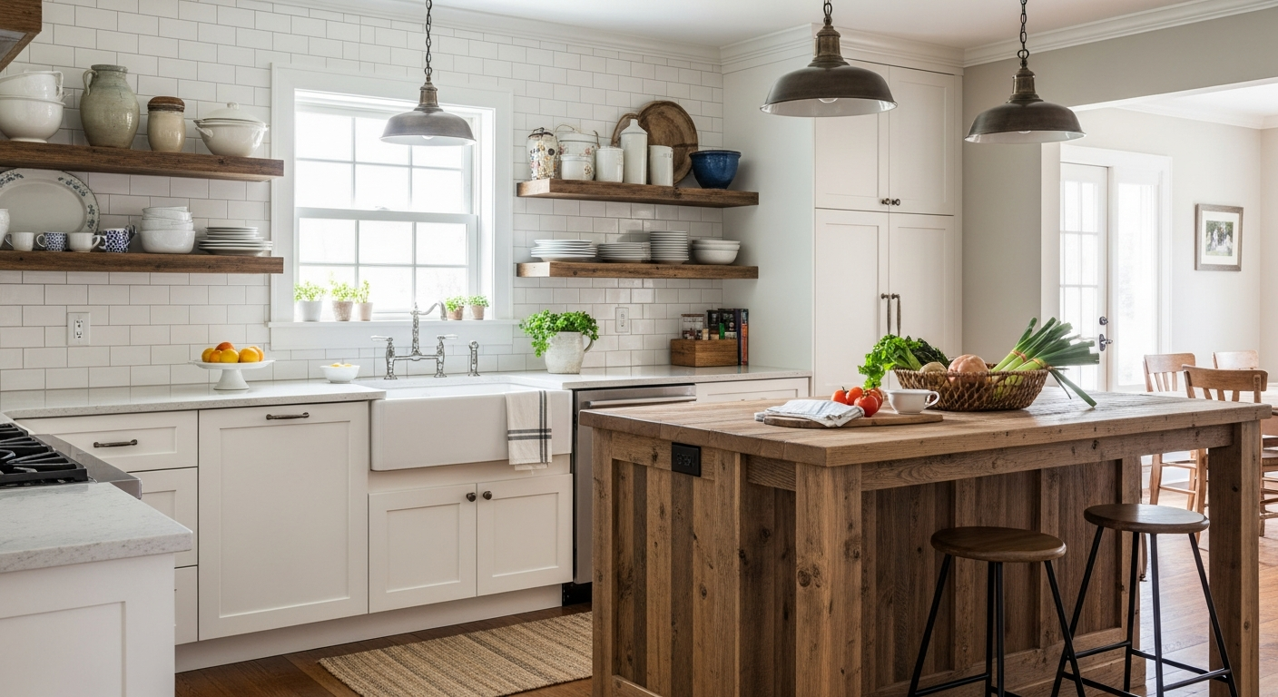 Farmhouse kitchen with apron-front sink, open shelving, shiplap walls, and reclaimed wood island
