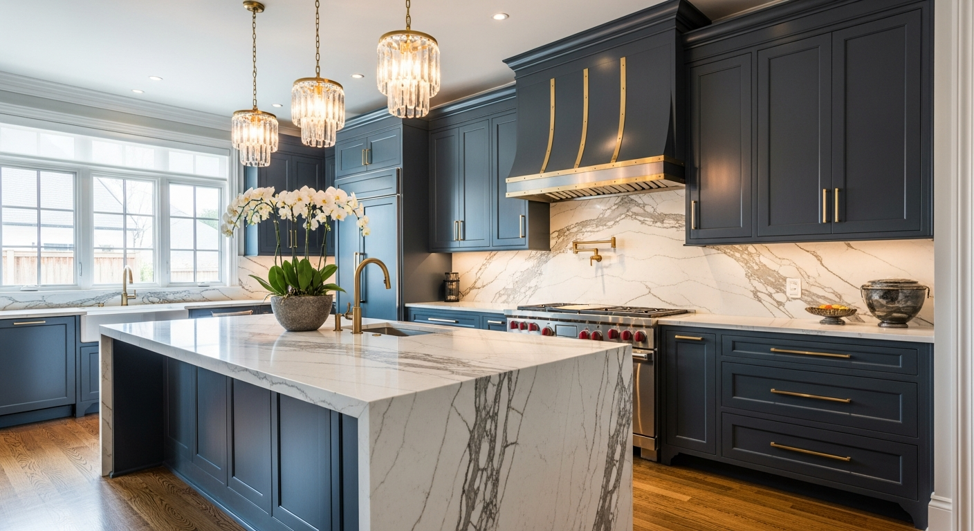 Luxury kitchen remodel with custom cabinetry, quartzite waterfall island, and professional-grade appliances