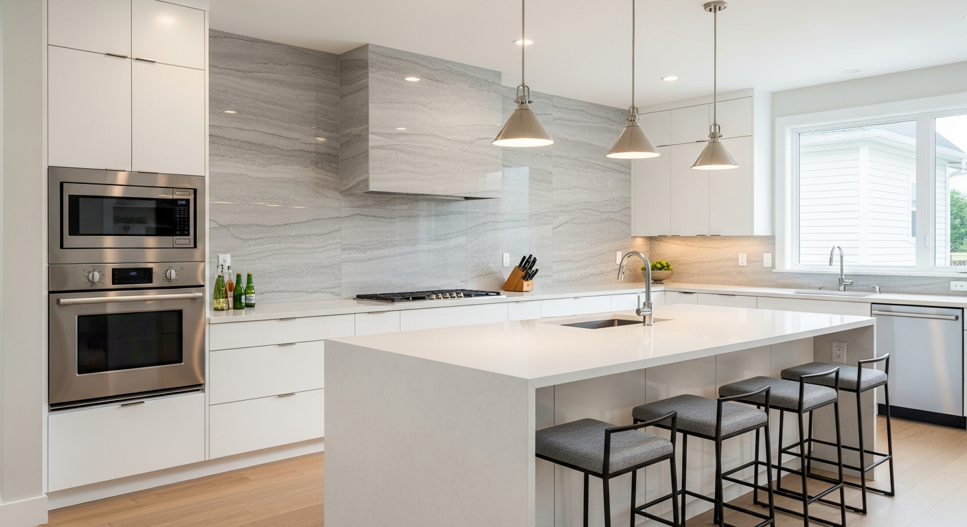 Modern kitchen remodel with flat-panel cabinets, quartz waterfall countertop, and integrated appliances