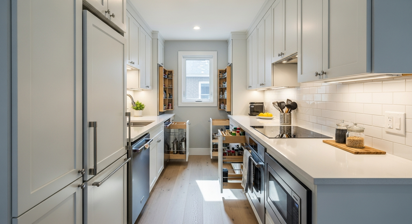 Small kitchen remodel with light colors, open shelving, and smart storage solutions maximizing a compact space