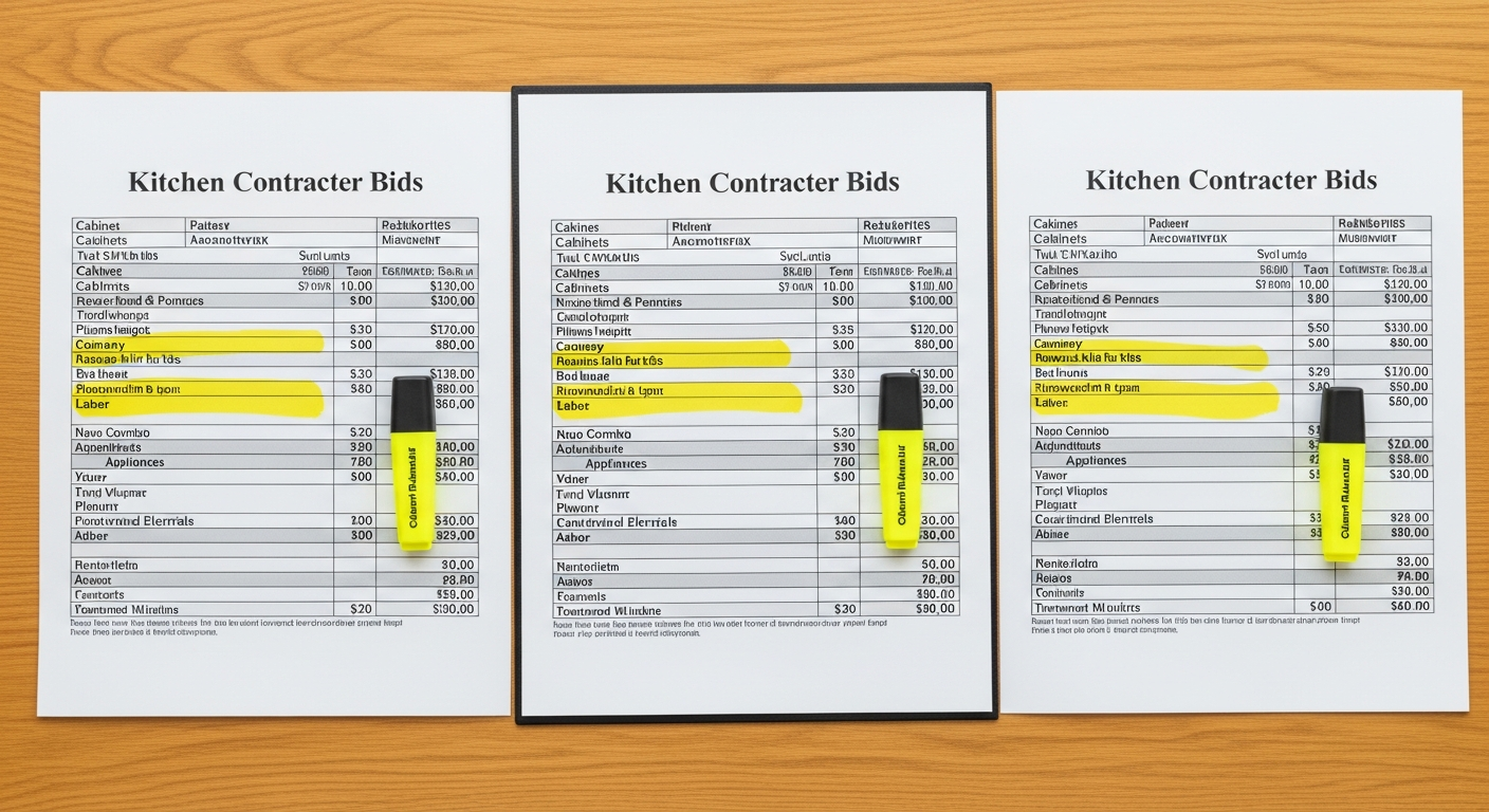 Side-by-side comparison of fixed price, cost-plus, and time and materials kitchen remodel bid structures