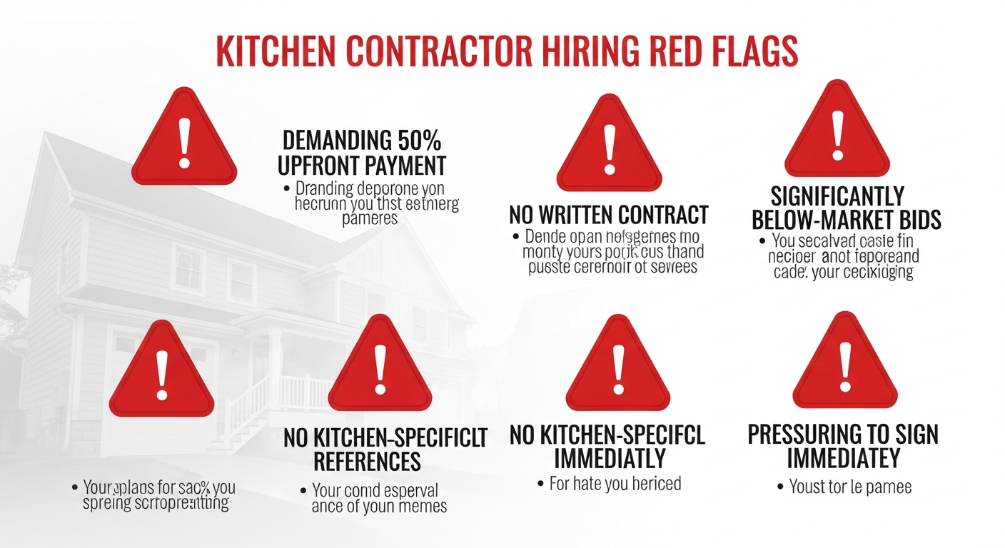 Five major red flags when hiring a kitchen remodel contractor with warning icons and descriptions