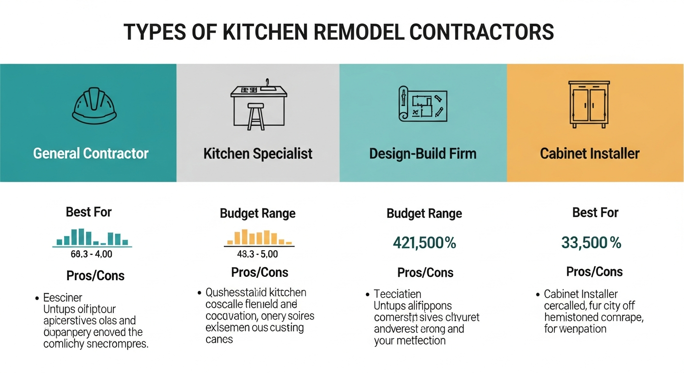 Comparison chart showing four kitchen contractor types with their typical project scope, cost range, and best use cases