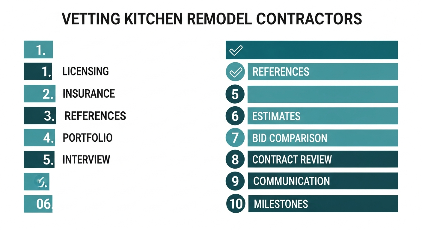 Visual 10-step kitchen contractor vetting checklist with icons for each verification step
