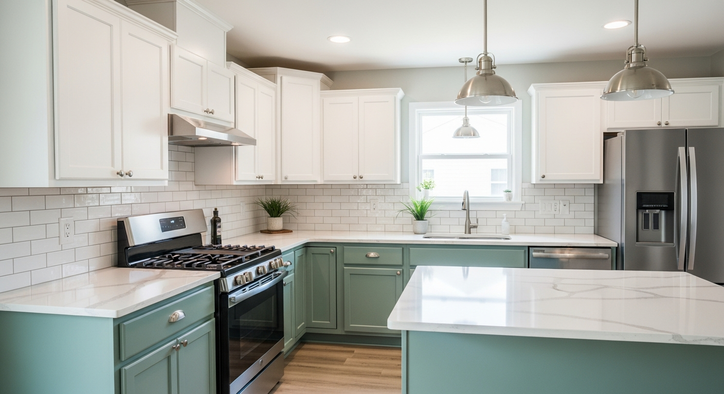 Budget kitchen transformation showing before and after results of a $10,000 kitchen remodel with painted cabinets, new countertops, and modern backsplash