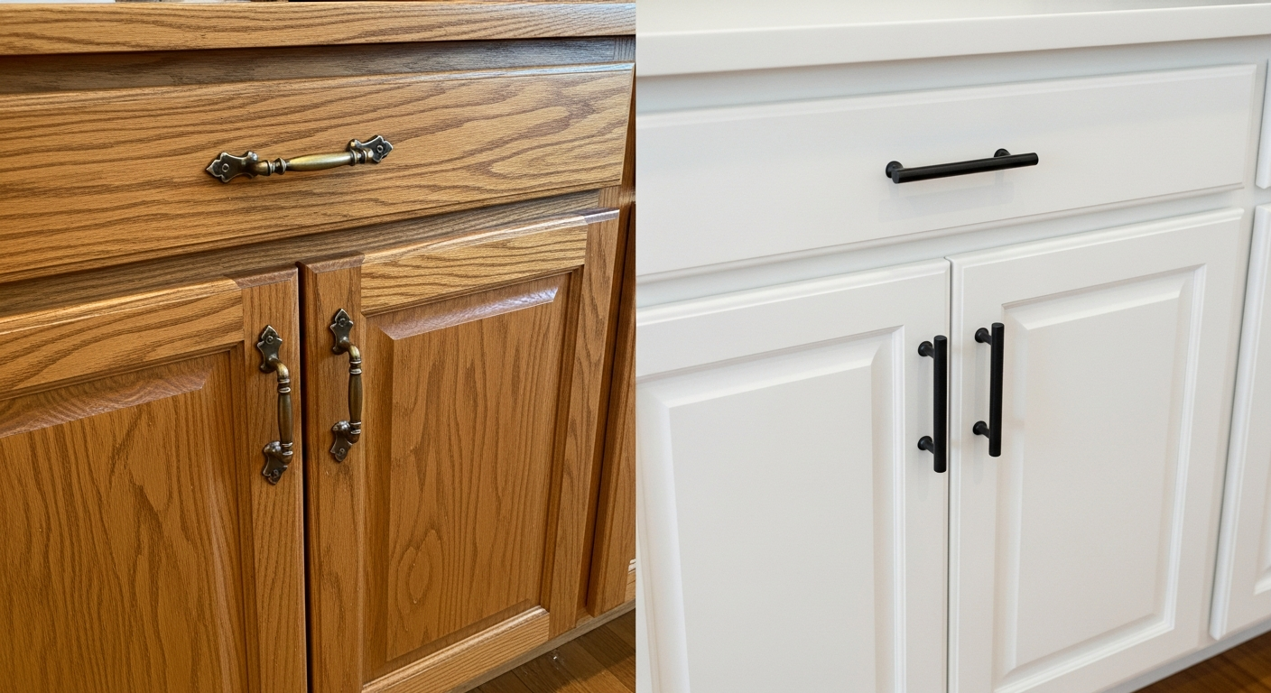 Kitchen cabinet painting transformation showing dated oak cabinets before and freshly painted white shaker-style cabinets after with new brushed nickel hardware