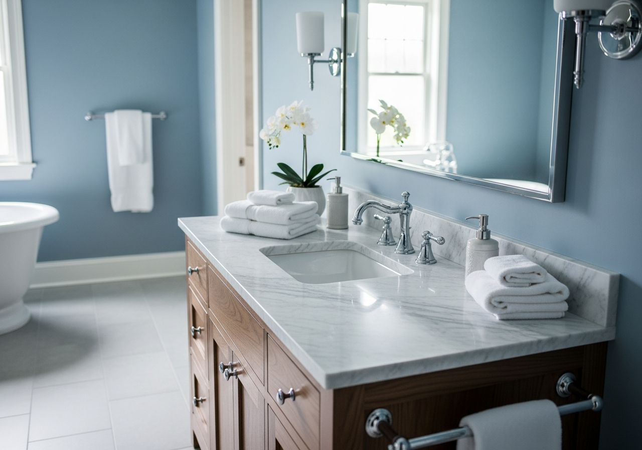 Serene blue bathroom with soft navy walls creating a tranquil spa-like atmosphere