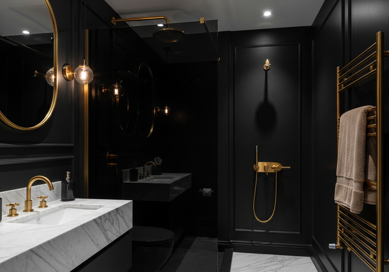 Dramatic black bathroom with gold fixtures showcasing bold achromatic design choices