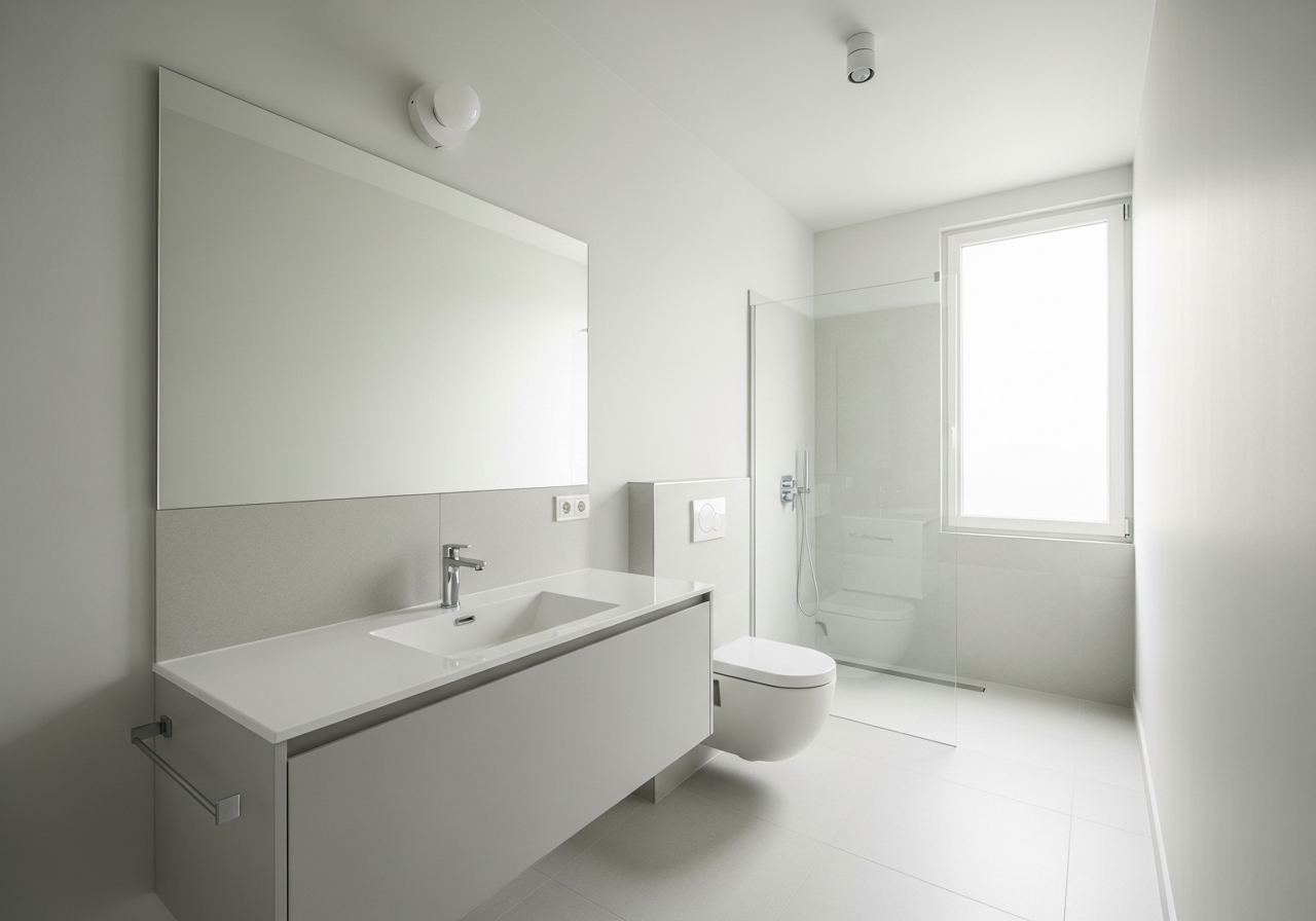 Small bathroom using light colors and monochromatic scheme to create an open spacious feeling