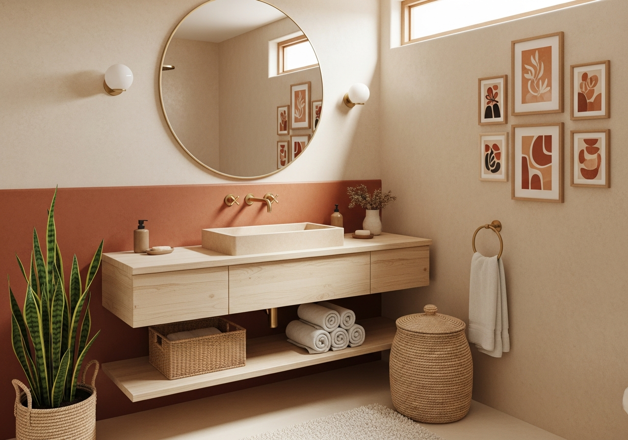 Warm neutral bathroom with beige walls and terracotta accents creating a cozy welcoming space
