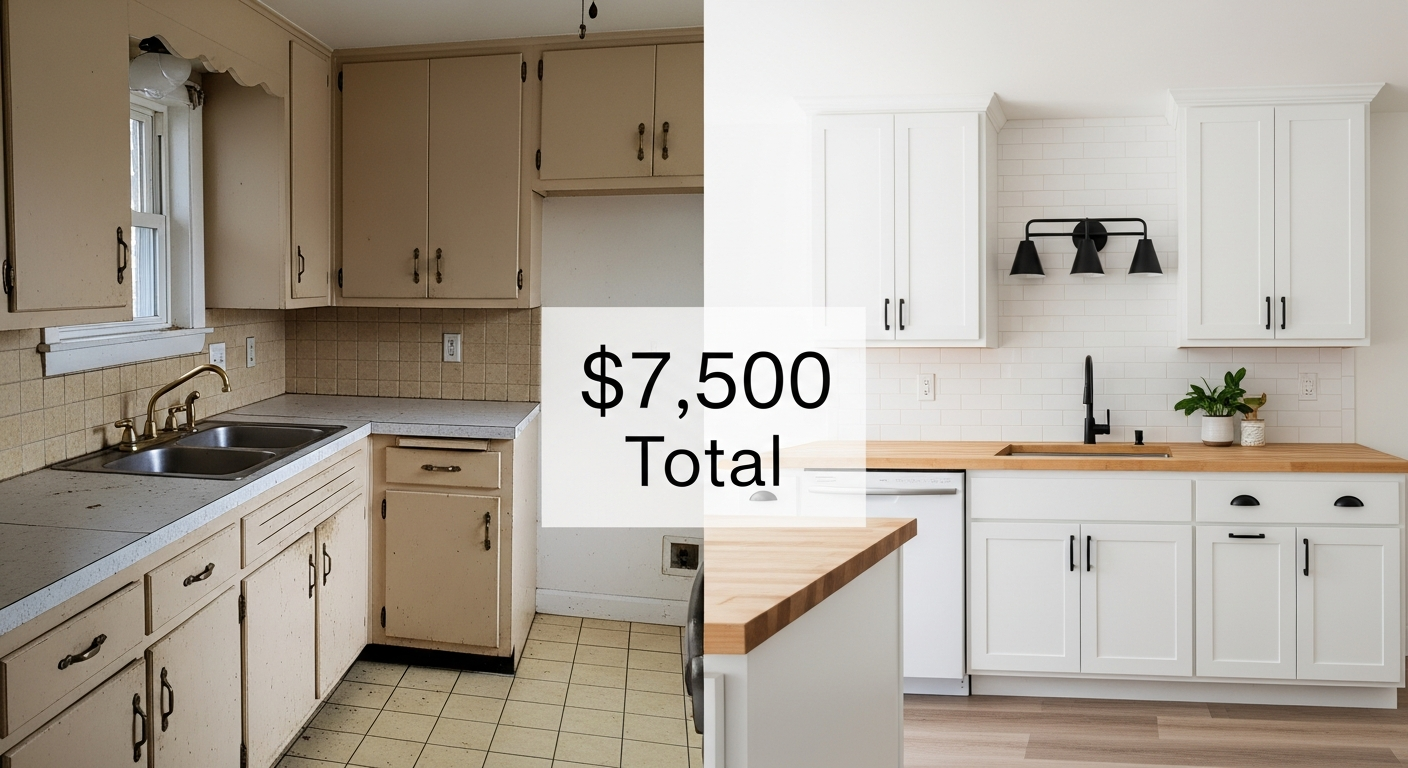 Budget kitchen transformation showing oak cabinets painted white with new hardware and countertops for $7,500