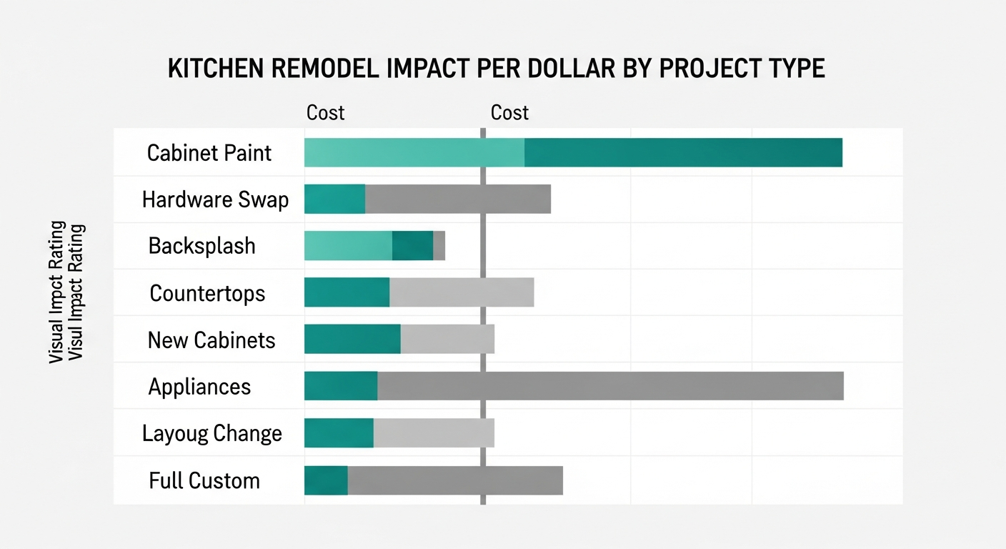 Comparison chart showing the most impactful kitchen remodel changes organized by budget tier from under $10K to over $50K