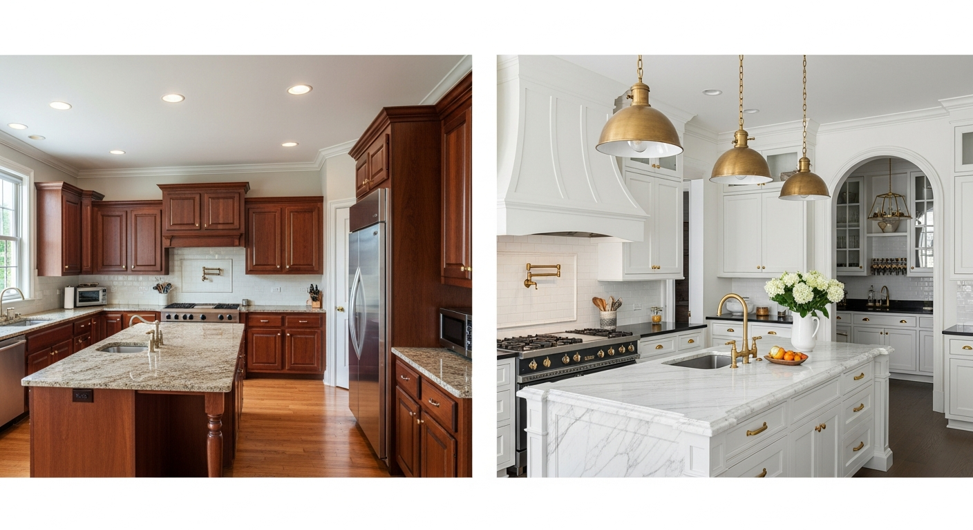 Luxury kitchen transformation featuring La Cornue range, custom cabinetry, and marble surfaces in a $120,000 renovation