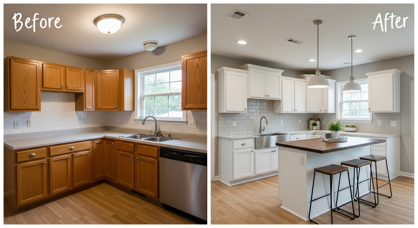 Mid-range L-shaped kitchen transformation with new island, quartz countertops, and shaker cabinets for $28,000