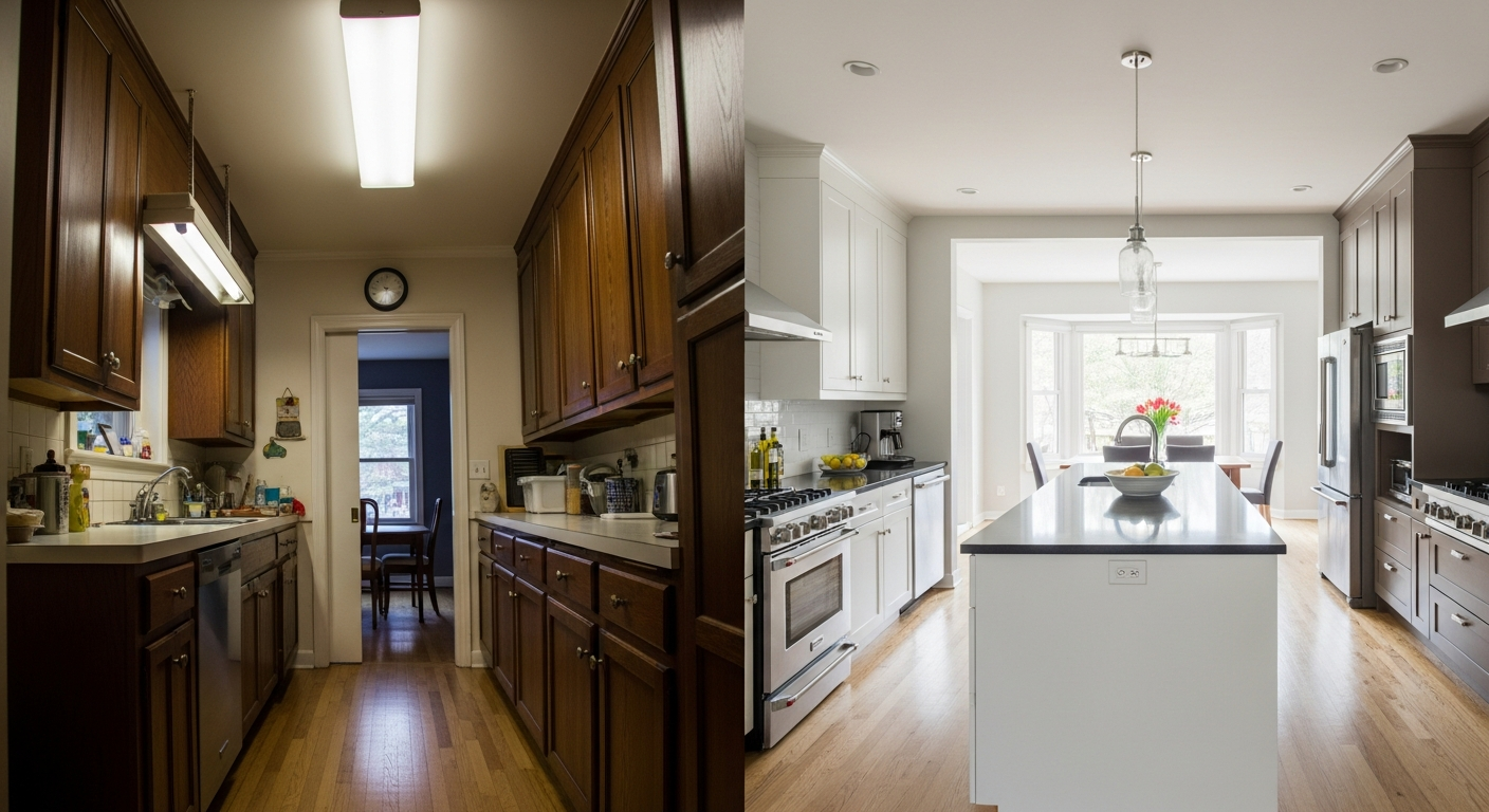 Open concept kitchen transformation from closed galley with new peninsula and sight lines to living room